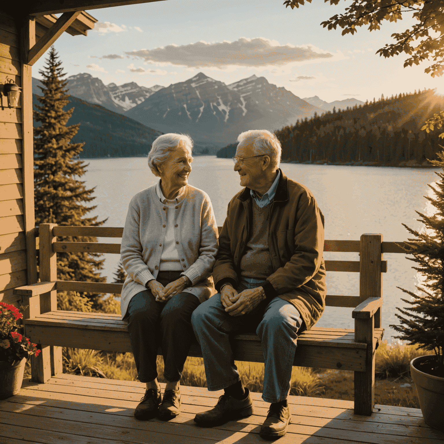 A serene image of an elderly Canadian couple sitting on a porch overlooking a tranquil lake at sunset. The couple is smiling contentedly, dressed in comfortable, casual clothing. The warm, golden light of the setting sun casts a gentle glow on their faces, symbolizing the golden years of retirement.